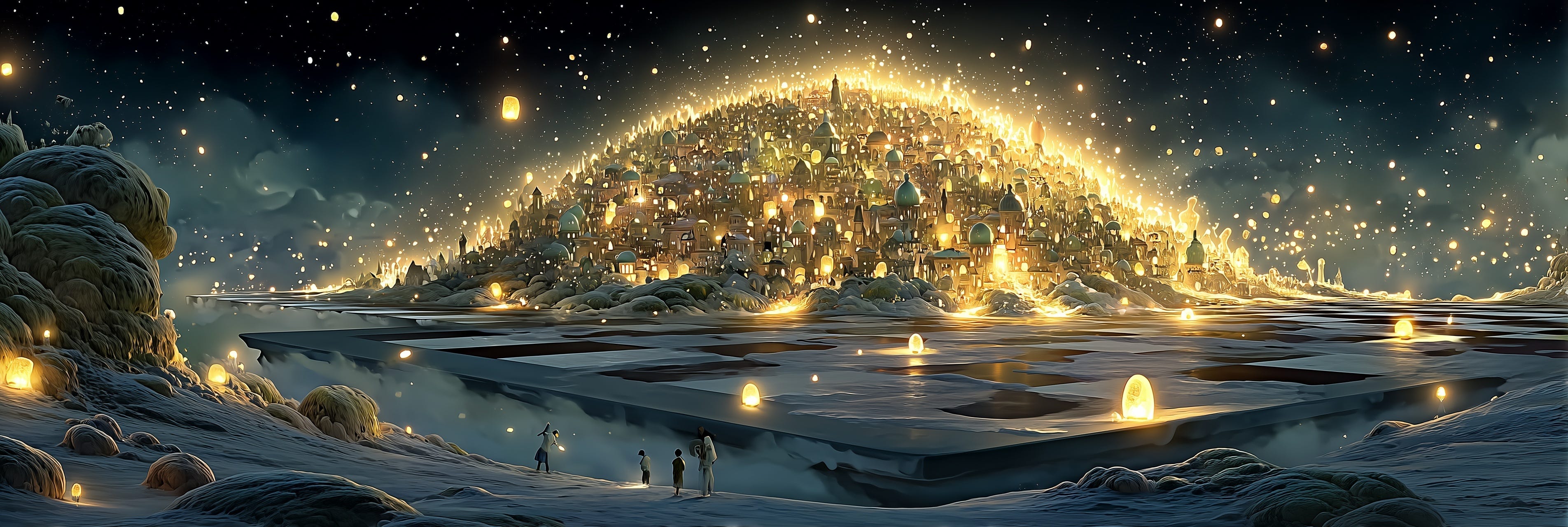 A luminous world rising above a vast game board in a night landscape