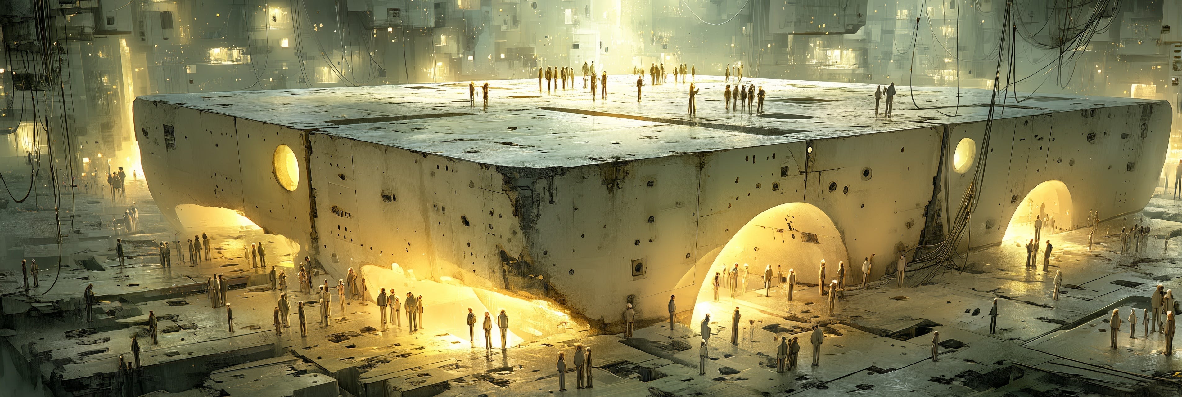 A monumental illuminated structure representing the infrastructure around a language model