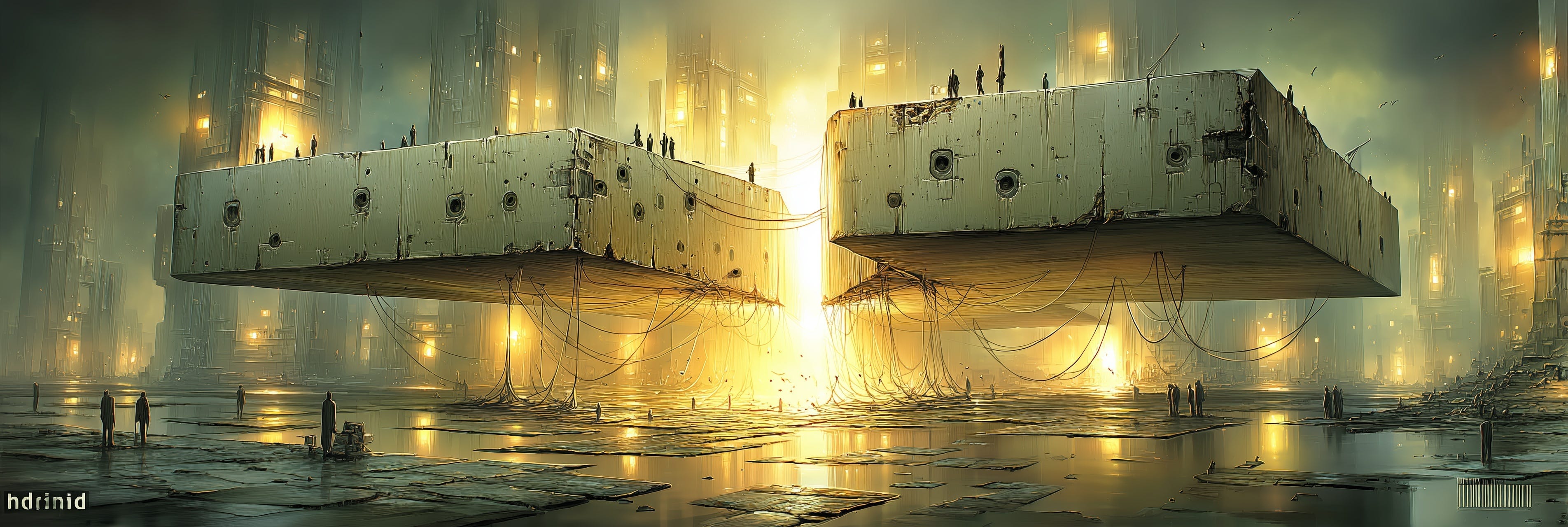 Two suspended modular structures connected by cables in a luminous city