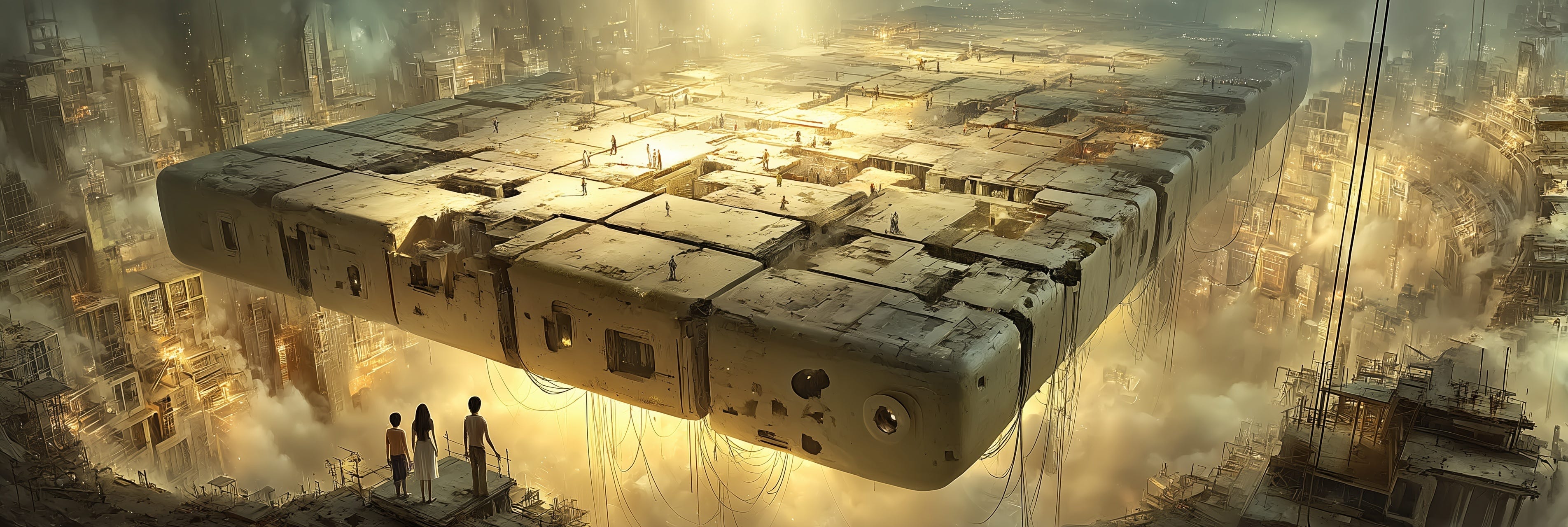 A vast modular platform suspended above a technological city