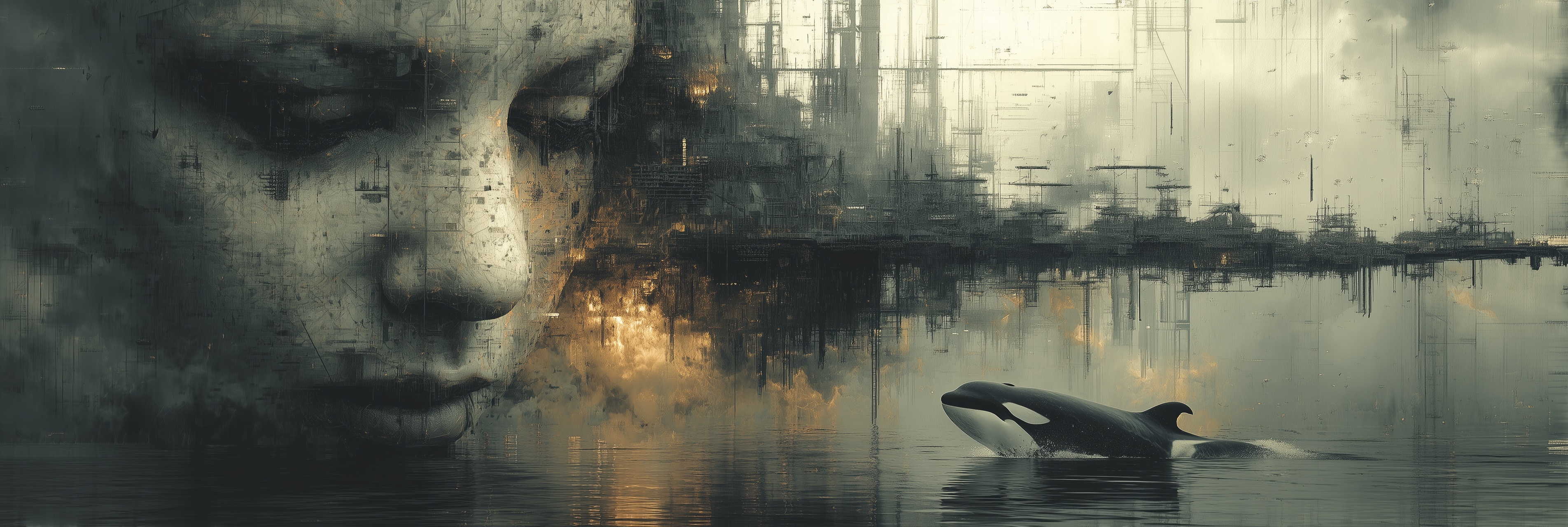 Perfil humano diante de uma orca em uma paisagem abstrata