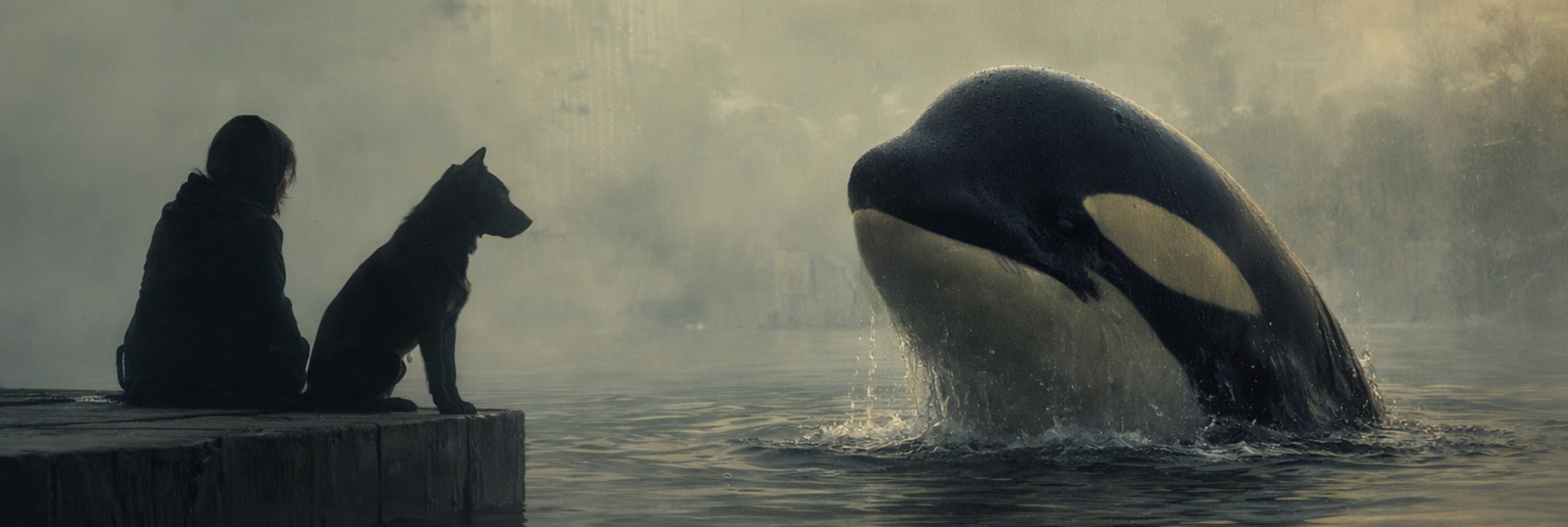 Pessoa e cão observando uma orca emergir da água