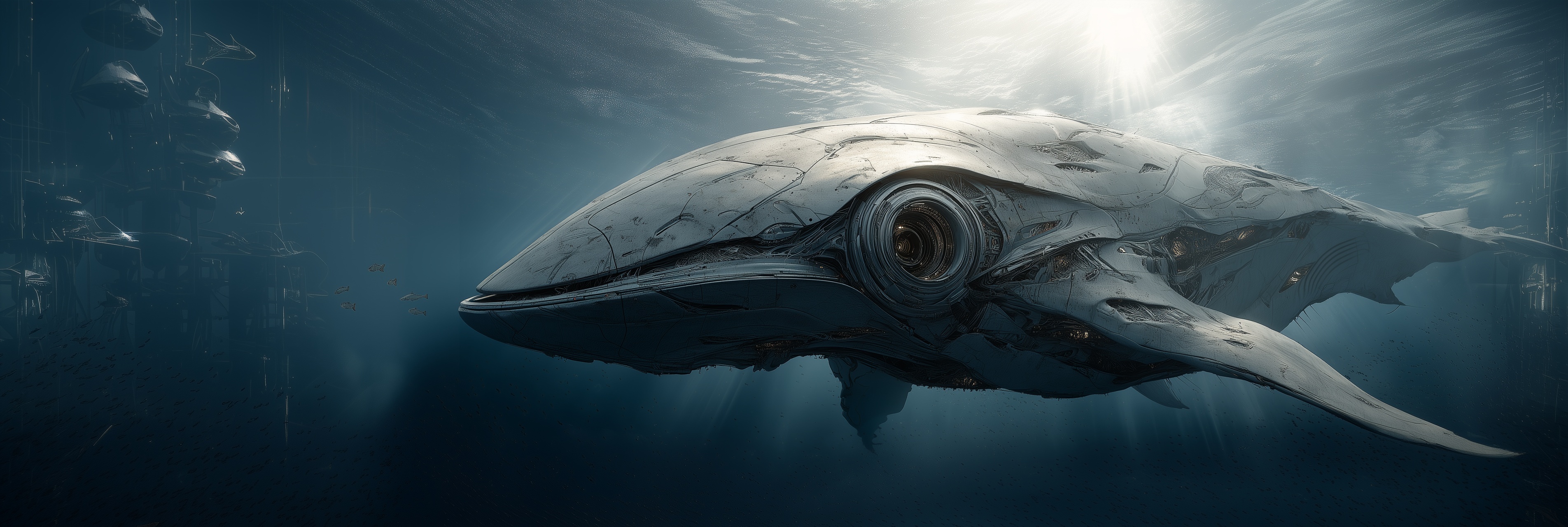 A mechanical creature resembling a whale or submarine underwater