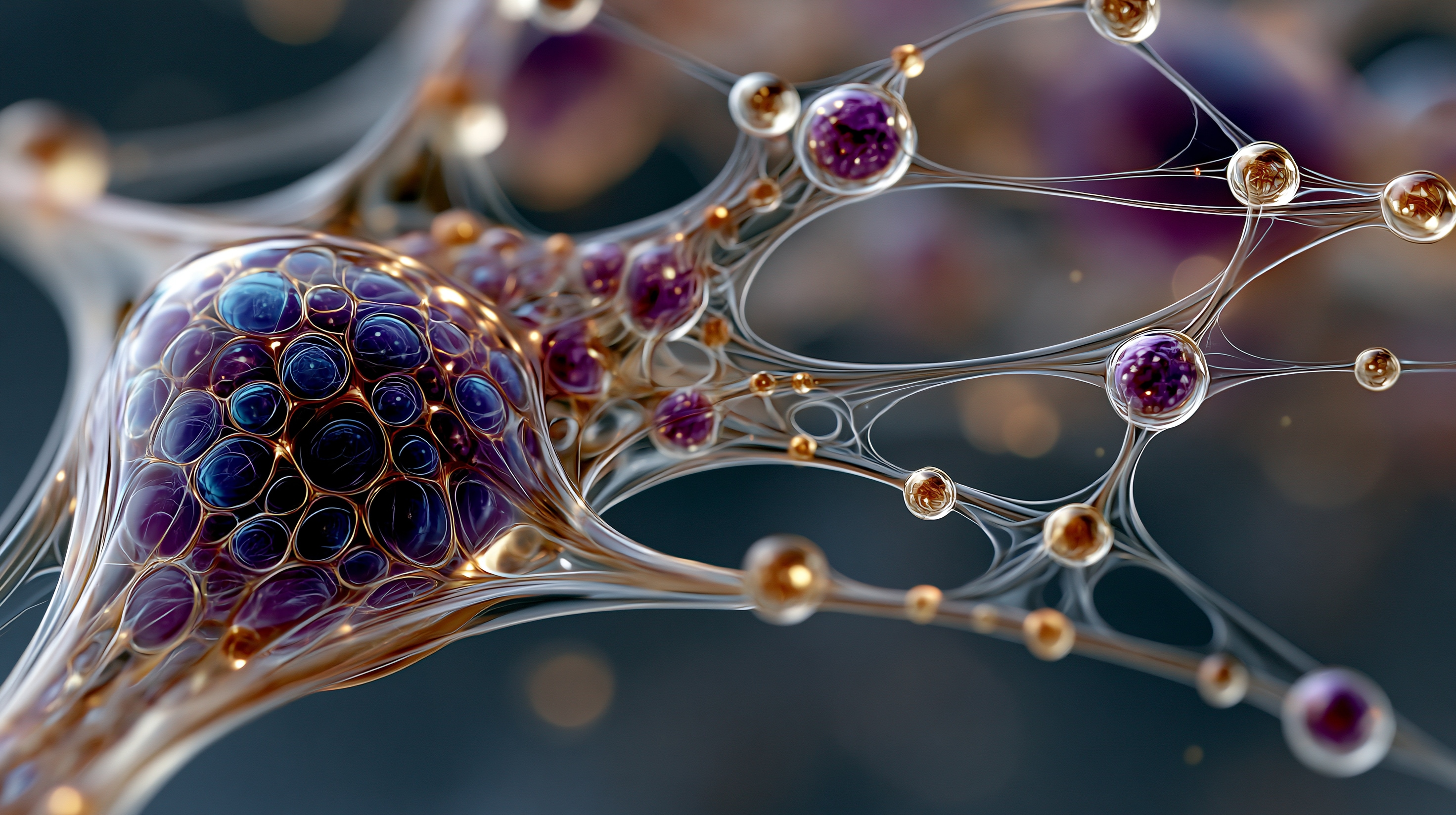 An abstract neural structure with transparent organic forms in purple and gold