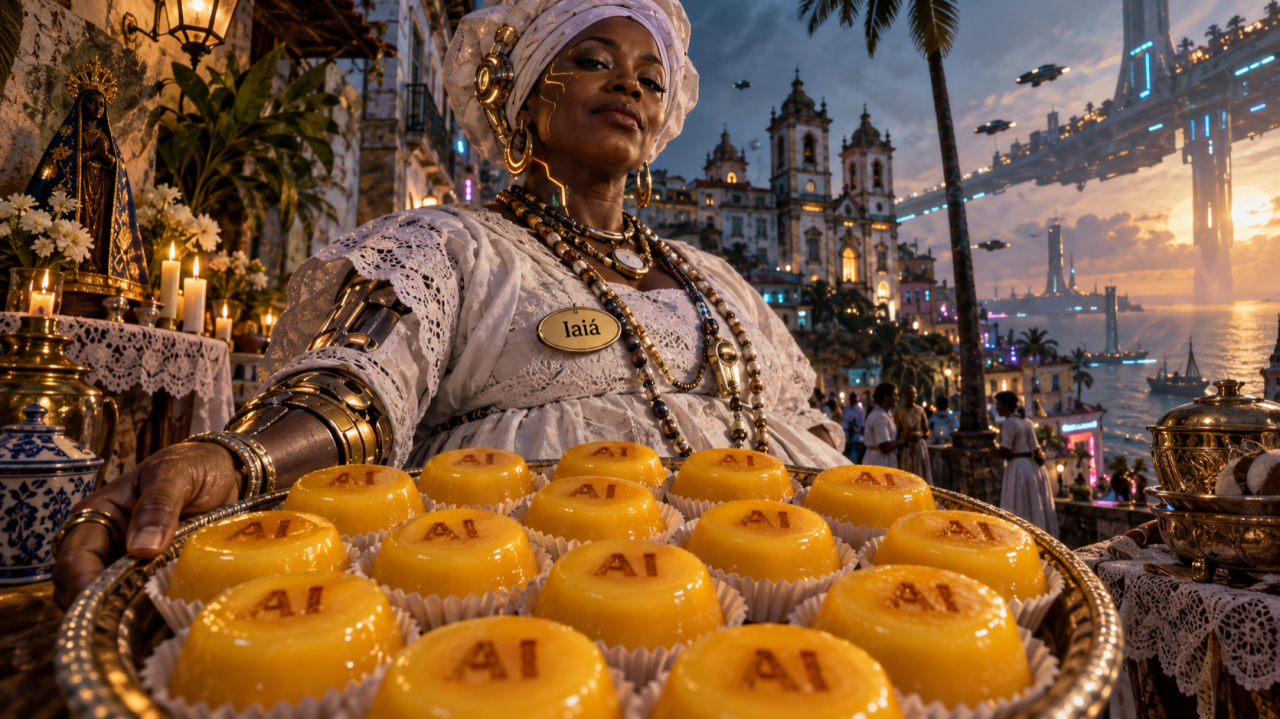 A futuristic Iaiá offers AI-stamped sweets in an Afrofuturist Salvador