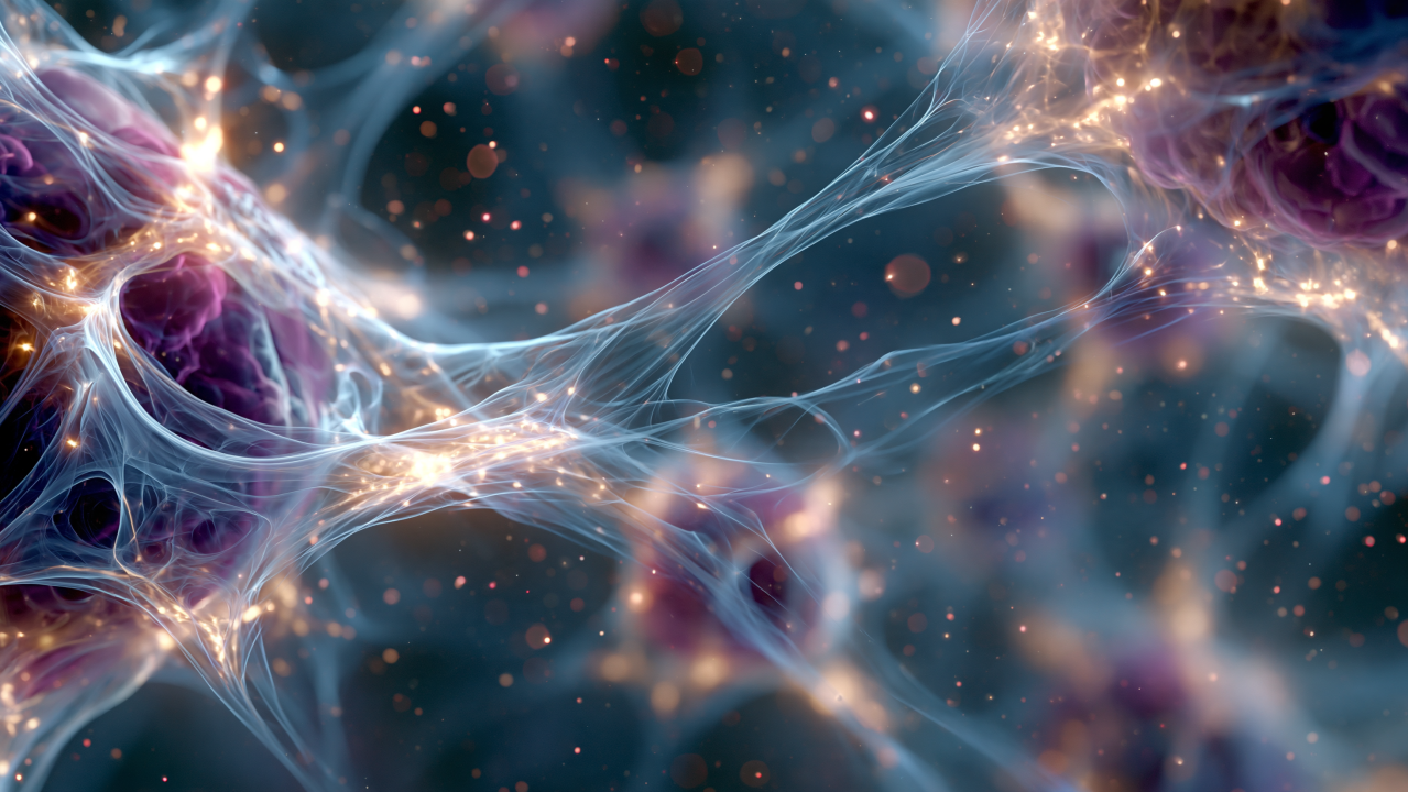 Luminous neural connections between abstract organic structures