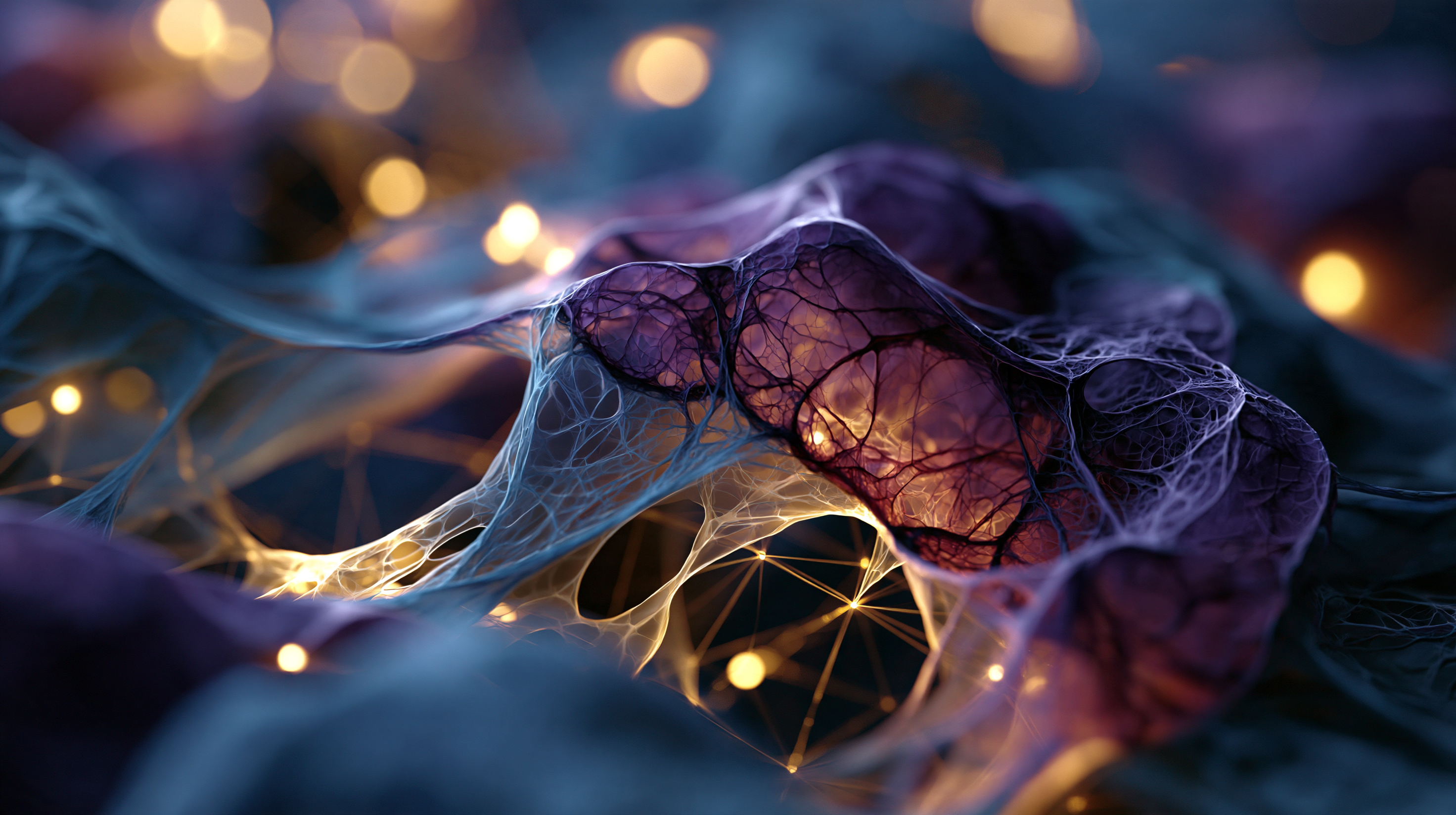 A translucent organic structure in blue and purple crossed by luminous golden points