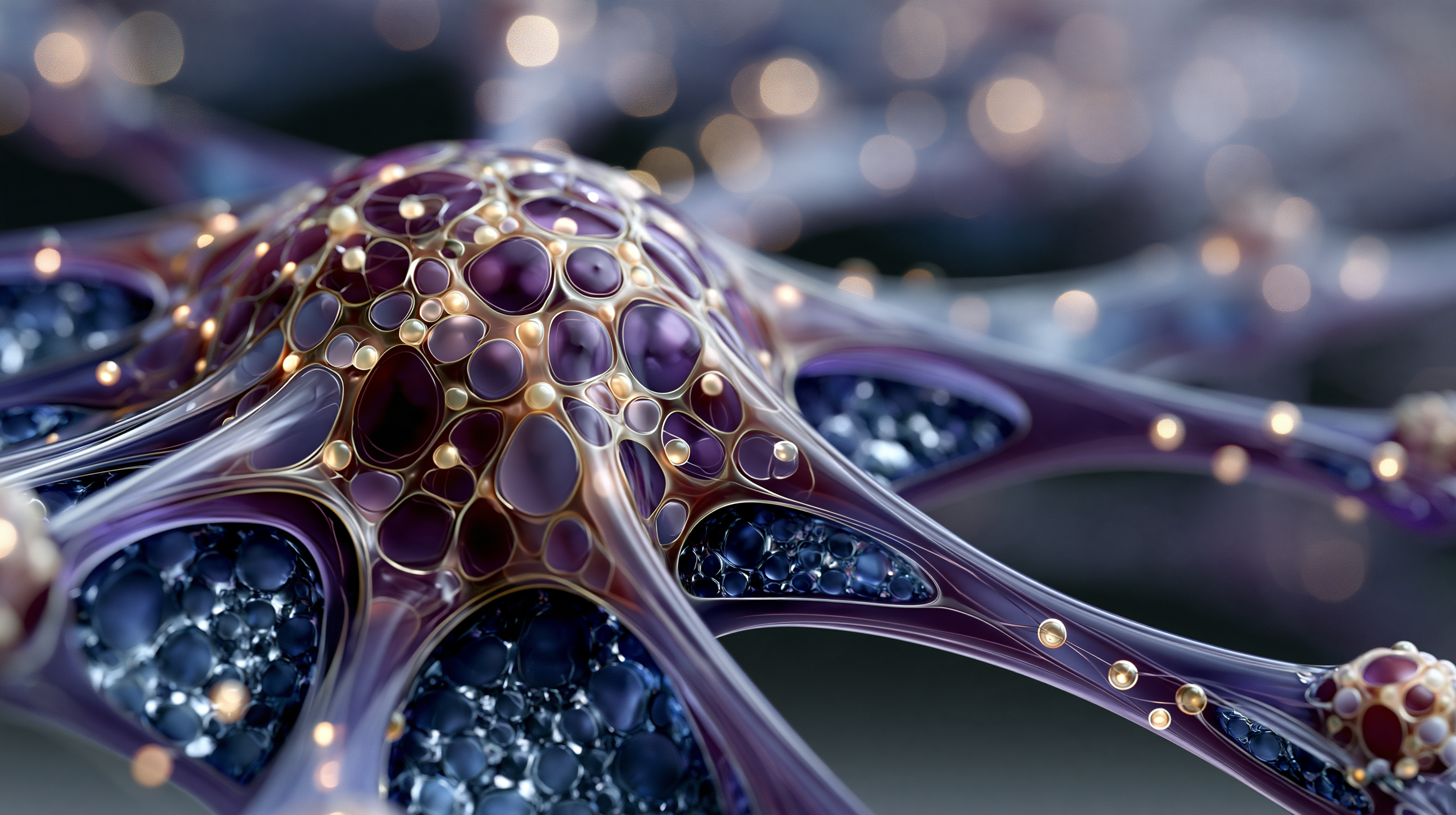 Forma orgânica abstrata em roxo, azul e dourado com extensões que avançam pelo espaço